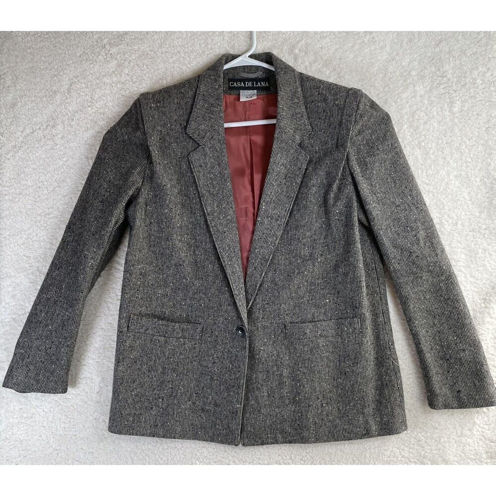 VTG Casa De Lana Blazer Jacket Men 15/16 Wool Tweed Heathered Single Button Gray